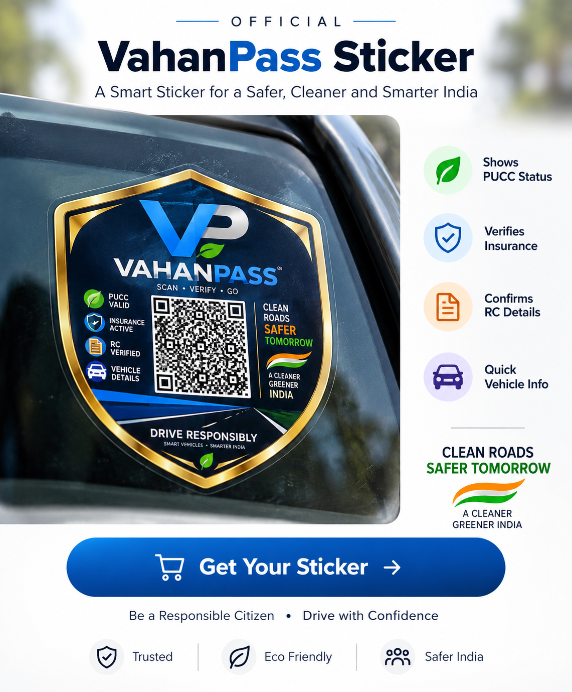 VahanPass QR vehicle sticker on a car windshield